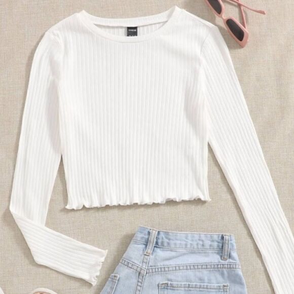 SHEIN EZwear Lettuce Trim Solid Top white Size XS NWT - Picture 1 of 10